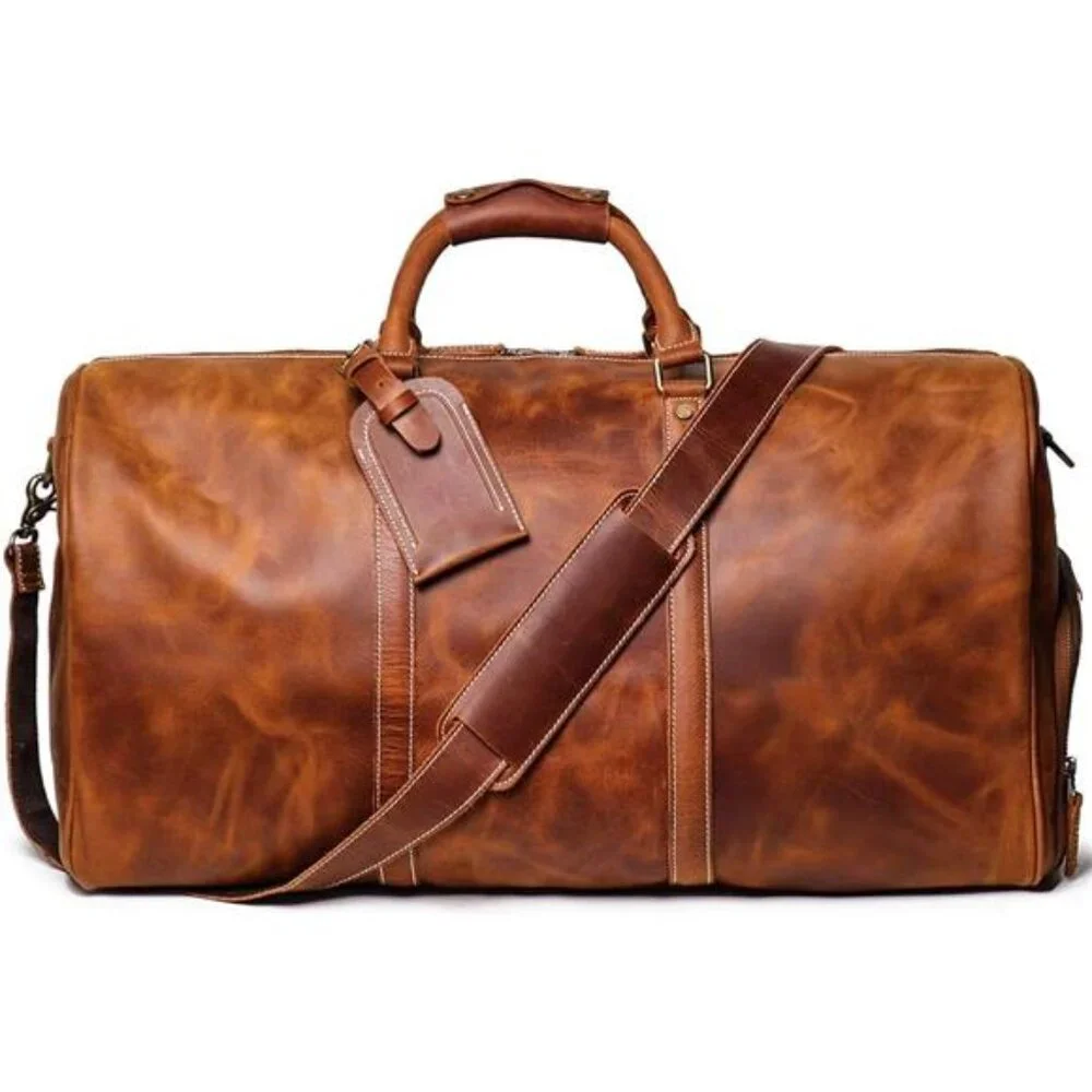 24 Inch Leather Travel Weekend Luggage Bag with Ykk Zipper Mens Duffle Retro